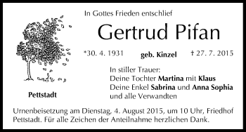Anzeige von Gertrud Pifan von MGO