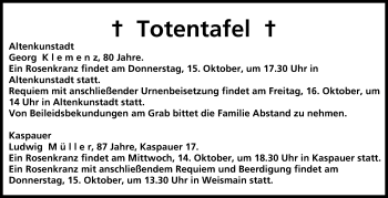 Anzeige von Totentafel vom 14.10.2015 von MGO