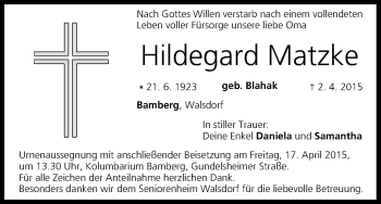 Anzeige von Hildegard Matzke von MGO