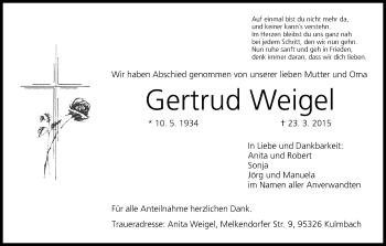 Anzeige von Gertrud Weigel von MGO