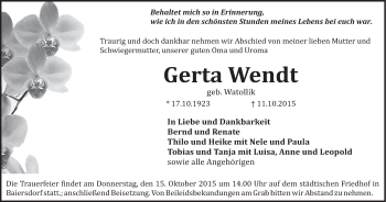 Anzeige von Gerta Wendt von MGO