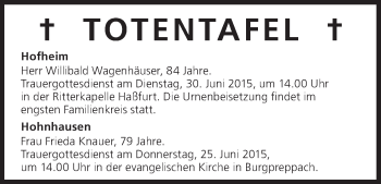 Anzeige von Willibald Wagenhäuser von MGO