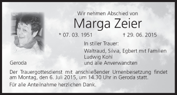 Anzeige von Marga Zeier von MGO