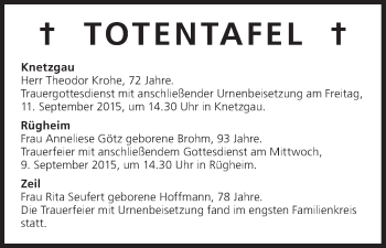 Anzeige von Totentafel vom 08.09.2015 von MGO
