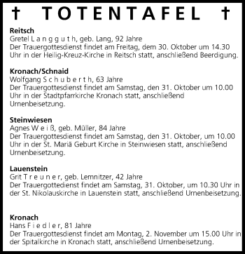 Anzeige von Totentafel vom 30.10.2015 von MGO