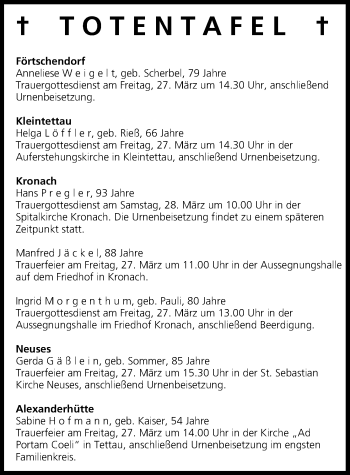 Anzeige von Totentafel vom 26.03.2015 von MGO