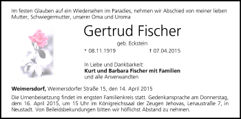 Anzeige von Gertrud Fischer von MGO