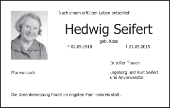 Anzeige von Hedwig Seifert von MGO