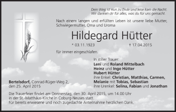 Anzeige von Hildegard Hütter von MGO