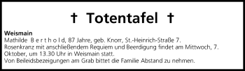 Anzeige von Totentafel vom 07.10.2015 von MGO