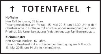 Anzeige von Totentafel vom 13.05.2015 von MGO