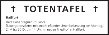 Anzeige von Totentafel vom 26.02.2015 von MGO