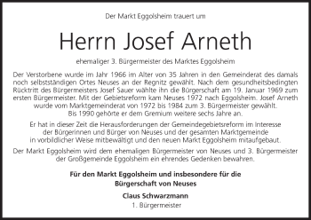 Anzeige von Josef Arneth von MGO