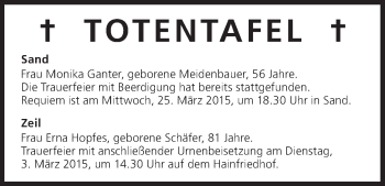 Anzeige von Totentafel vom 28.02.2015 von MGO