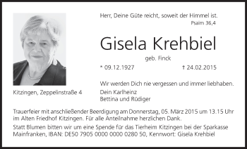 Anzeige von Gisela Krehbiel von MGO