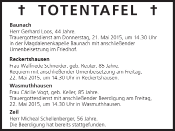 Anzeige von Totentafel vom 21.05.2015 von MGO