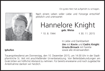 Anzeige von Hannelore Knight von MGO