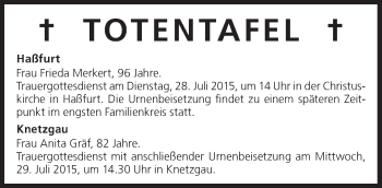 Anzeige von Totentafel vom 28.07.2015 von MGO