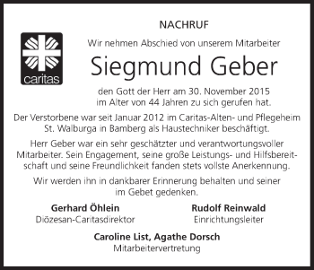 Anzeige von Siegmund Geber von MGO