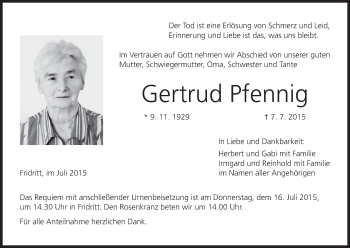 Anzeige von Gertrud Pfennig von MGO