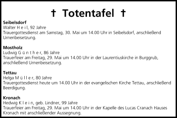 Anzeige von Totentafel vom 28.05.2015 von MGO