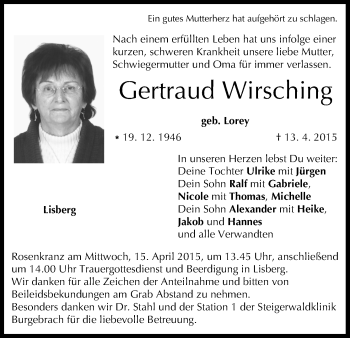 Anzeige von Gertraud Wirsching von MGO