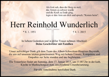 Anzeige von Reinhold Wunderlich von MGO