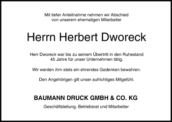 Anzeige von Herbert Dworeck von MGO