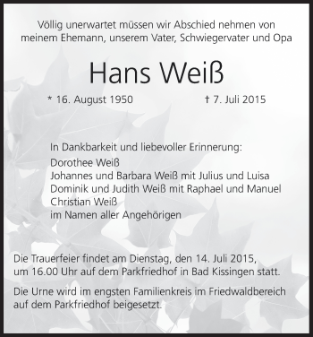 Anzeige von Hans Weiß von MGO