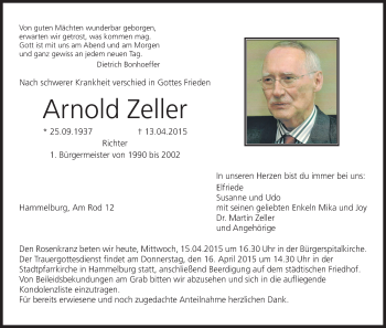 Anzeige von Arnold Zeller von MGO