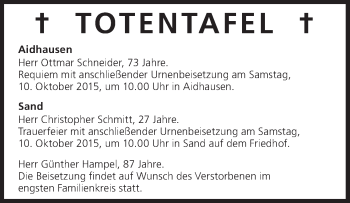 Anzeige von Totentafel vom 09.10.2015 von MGO