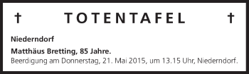 Anzeige von Totentafel vom 16.05.2015 von MGO