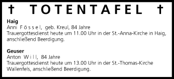 Anzeige von Totentafel 02.02.2015 von MGO