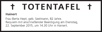Anzeige von Totentafel vom 22.09.2015 von MGO