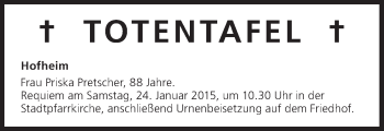 Anzeige von Totentafel vom 22.01.2015 von MGO