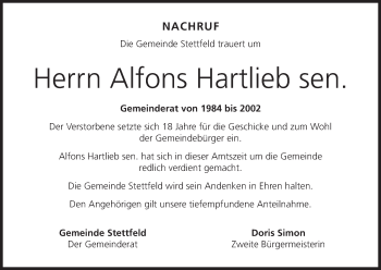 Anzeige von Alfons Hartleb von MGO