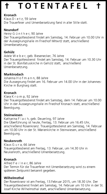 Anzeige von Totentafel vom 13.02.2015 von MGO