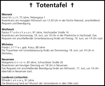 Anzeige von Totentafel vom 16.06.2015 von MGO