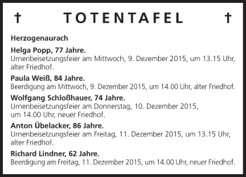 Anzeige von Totentafel vom 08.12.2015 von MGO