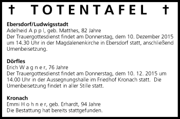 Anzeige von Totentafel vom 09.12.2015 von MGO