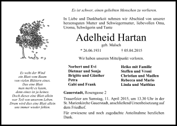 Anzeige von Adelheid Hartan von MGO