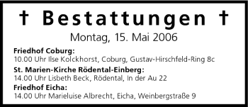 Anzeige von Bestattungen vom 15.05.2006 von MGO