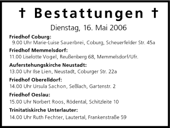 Anzeige von Bestattungen vom 16.05.2006 von MGO