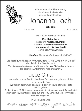Anzeige von Johanna Loch von MGO