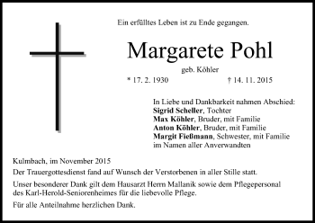 Anzeige von Margarete Pohl von MGO