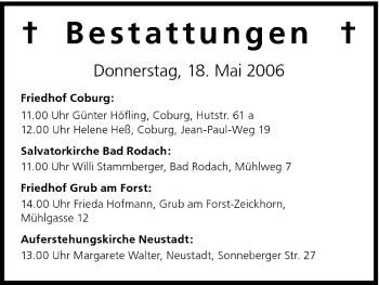 Anzeige von Bestattungen vom 18.05.2006 von MGO