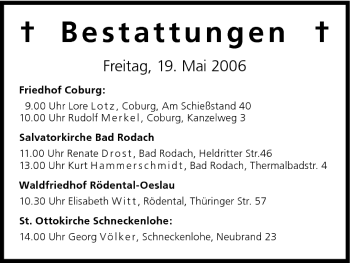 Anzeige von Bestattungen vom 19.05.2006 von MGO