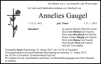 Anzeige von Annelies Gaugel von MGO