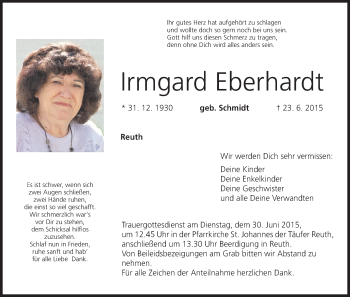Anzeige von Irmgard Eberhardt von MGO