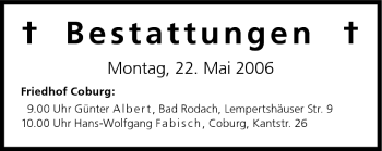 Anzeige von Bestattungen vom 22.05.2006 von MGO
